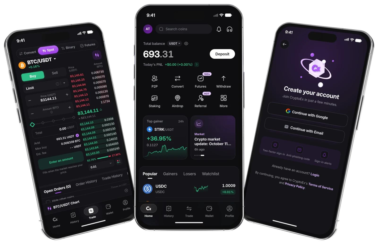 The Cryptora app on three iPhones: spot trading, the wallet home screen and creating an account