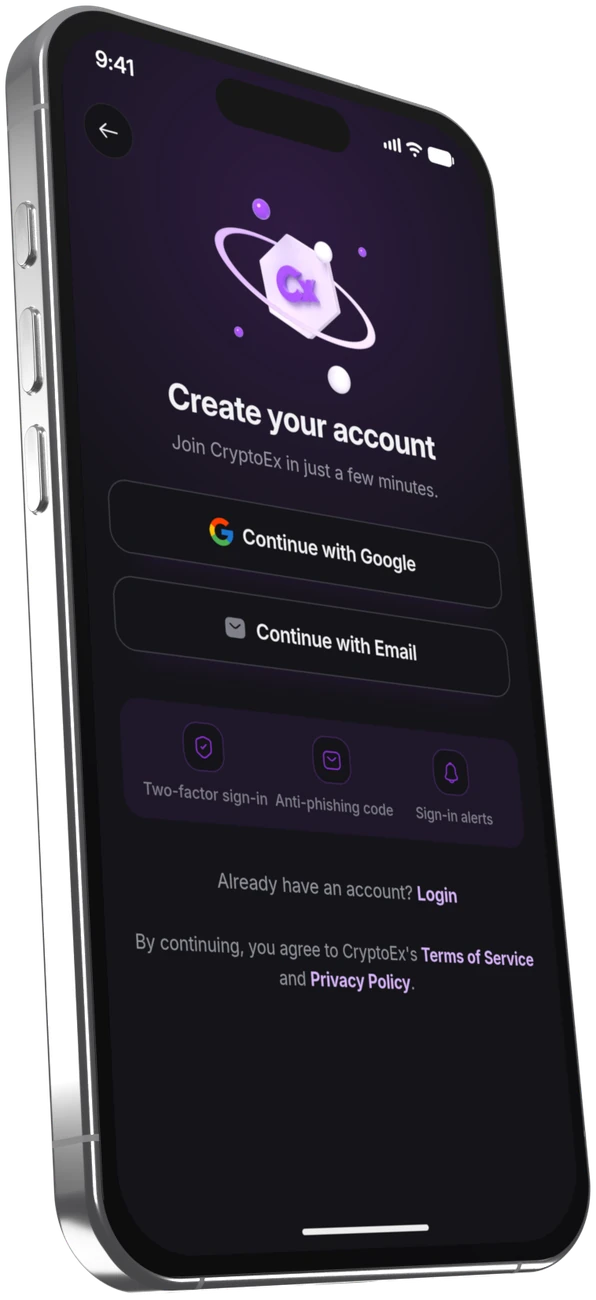 The Cryptora app on an iPhone, showing Create your account with Google or email