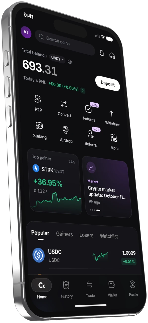 The Cryptora app home on an iPhone, with its Deposit button