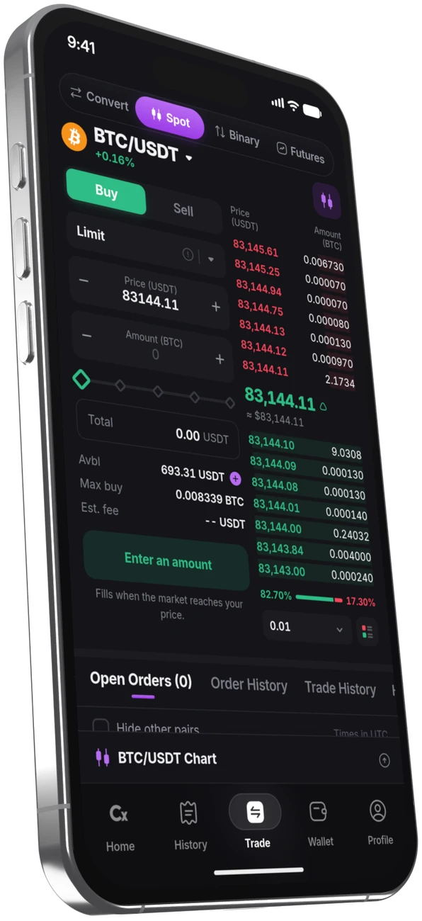 The Cryptora app spot trading screen on an iPhone