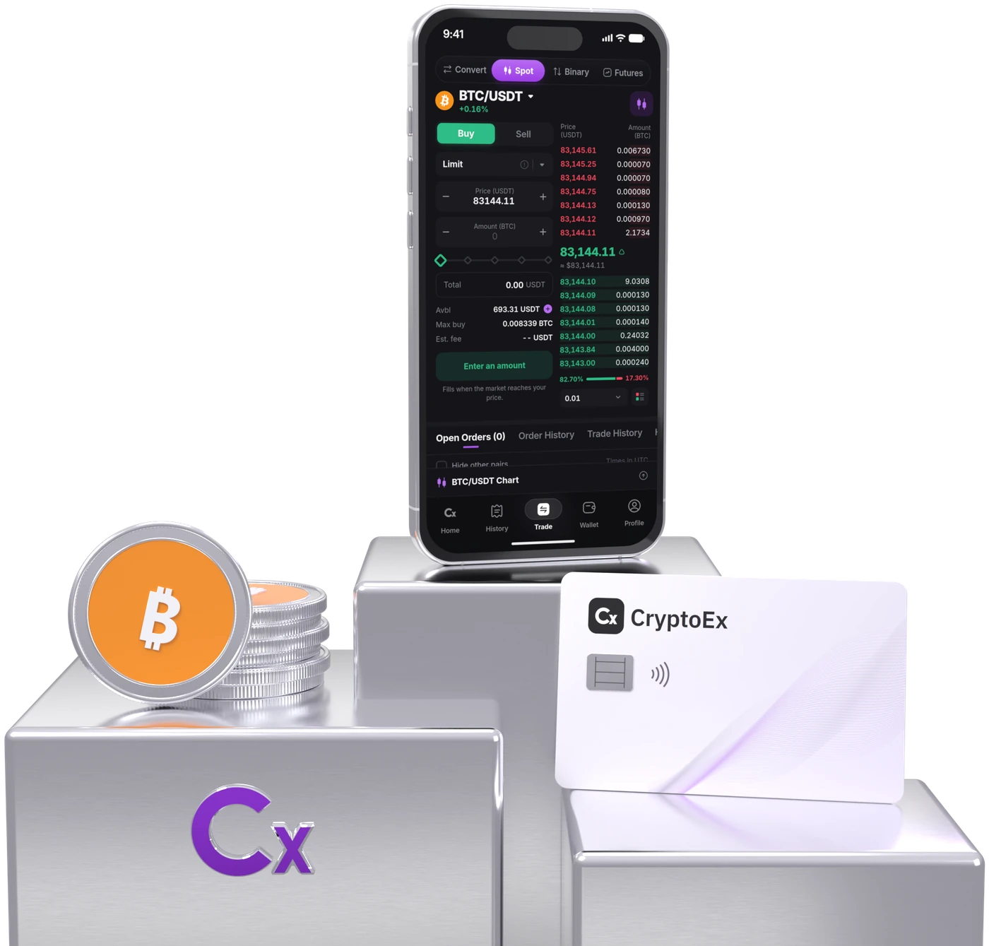 The Cryptora app's spot trading screen on a silver iPhone, beside a Bitcoin coin stack and a Cryptora card on brushed metal plinths