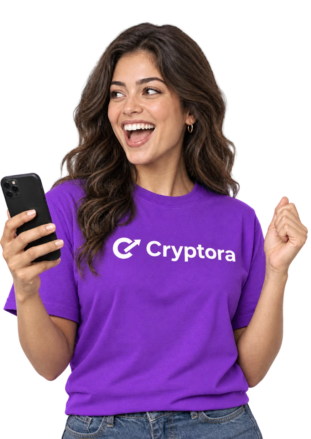 A smiling woman in a Cryptora t-shirt, holding her phone
